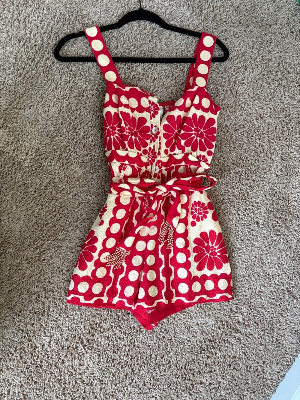 FARM Rio Red and Cream Floral Polka Dot Romper